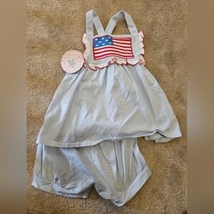 Classic Whimsy Flag Applique Light Blue Stripe Short Set, Size 8